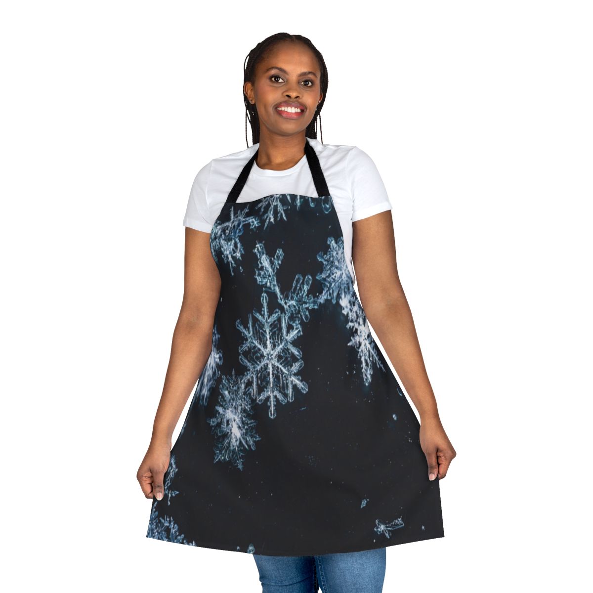 Black and white snowflake pattern on a high-quality apron