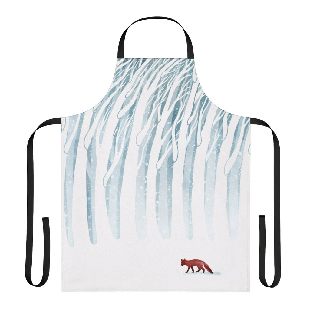 Apron with a winter storm, forest, and fox design