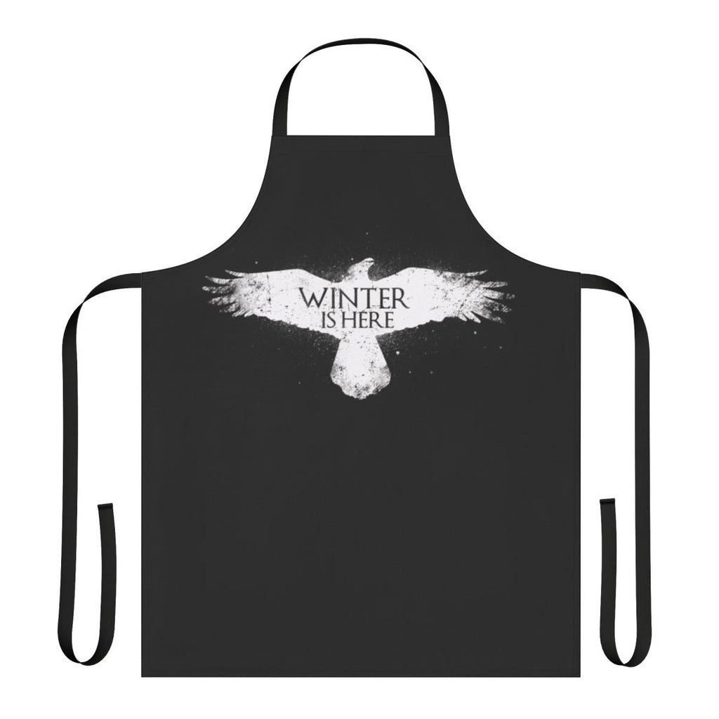 A white apron with a "Winter Is Here" design, inspired by the popular TV series Game of Thrones.