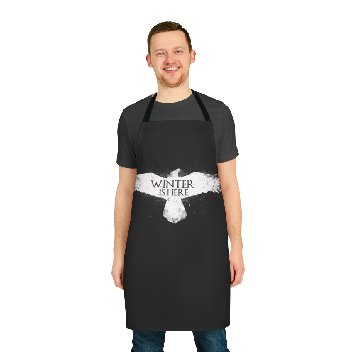 A white apron with a "Winter Is Here" design, inspired by the popular TV series Game of Thrones.