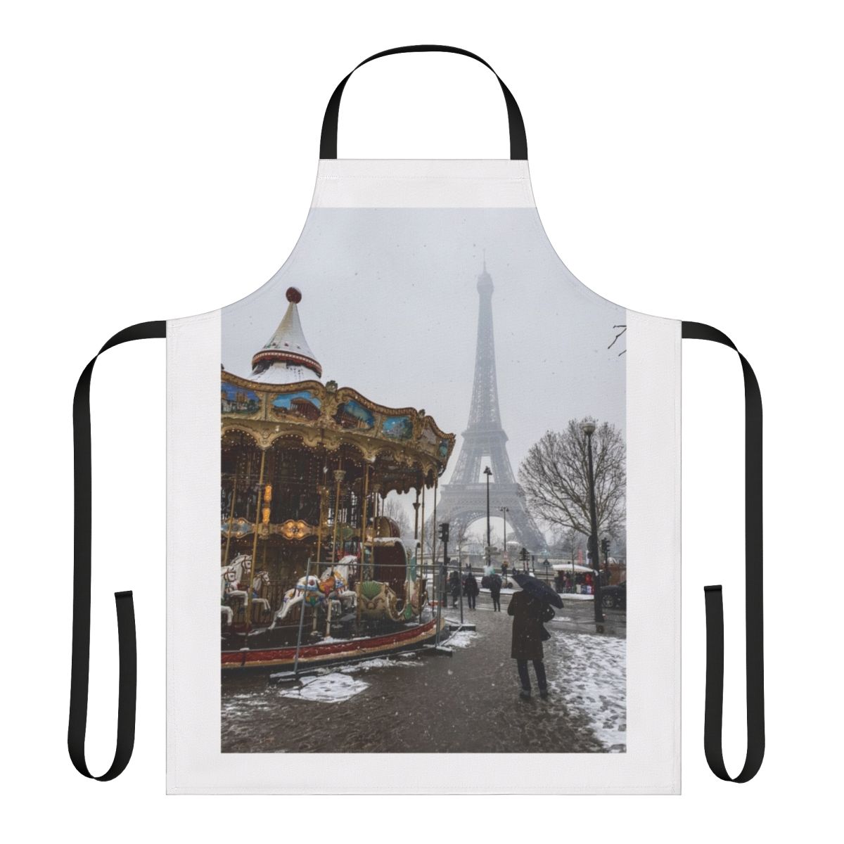 A stylish and practical apron featuring a winter scene with the iconic Eiffel Tower in Paris.