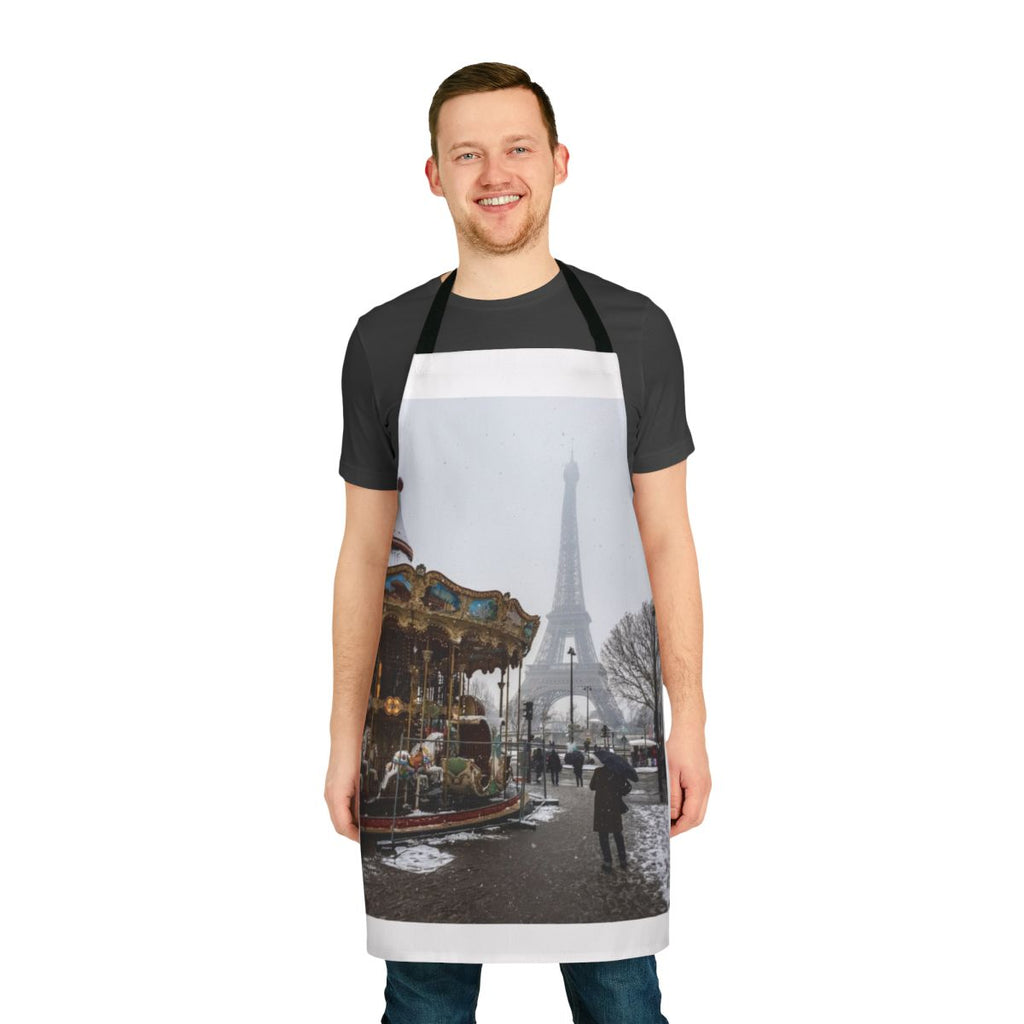 A stylish and practical apron featuring a winter scene with the iconic Eiffel Tower in Paris.