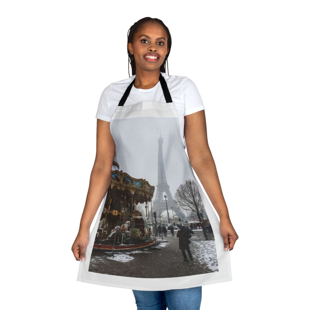 A stylish and practical apron featuring a winter scene with the iconic Eiffel Tower in Paris.