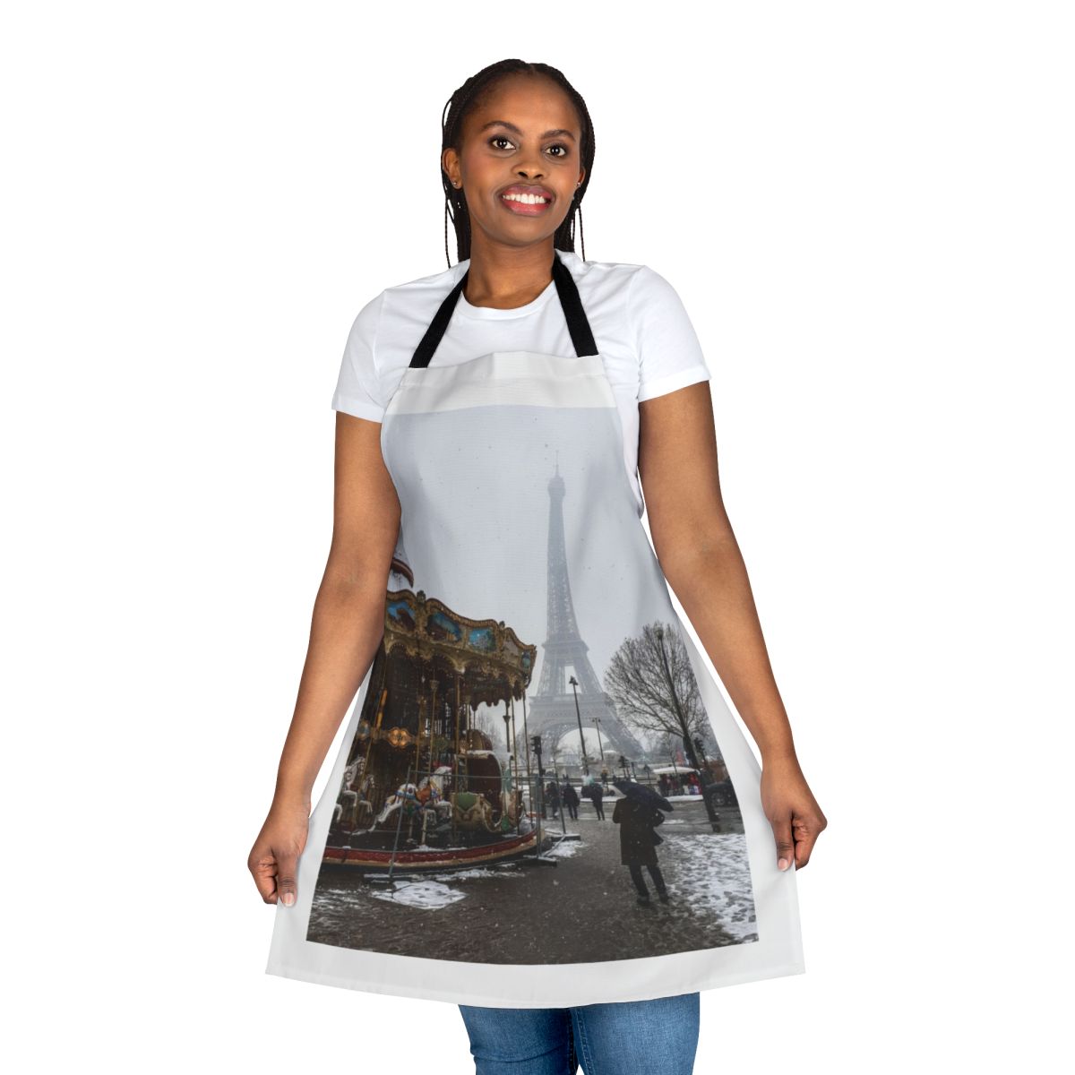 A stylish and practical apron featuring a winter scene with the iconic Eiffel Tower in Paris.