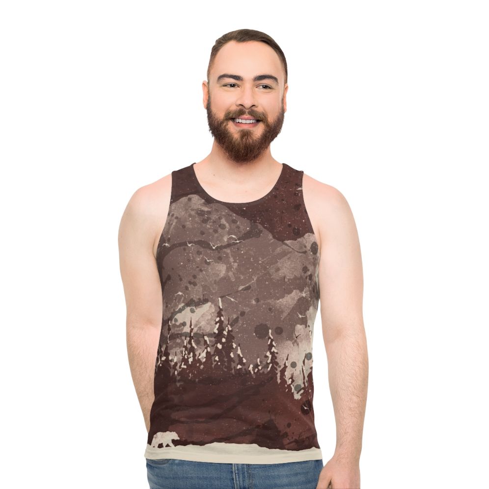 Unisex tank top with a bear design in a winter landscape