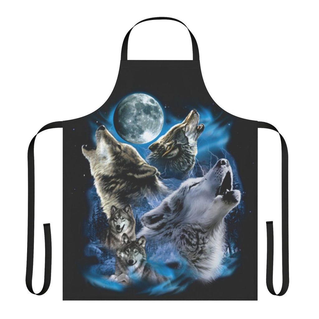 Gray wolf silhouette against a full moon, wearing a wolf-themed apron