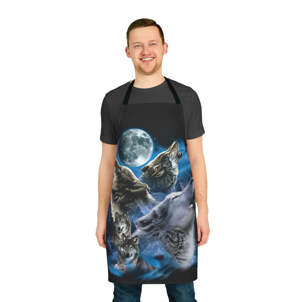 Gray wolf silhouette against a full moon, wearing a wolf-themed apron