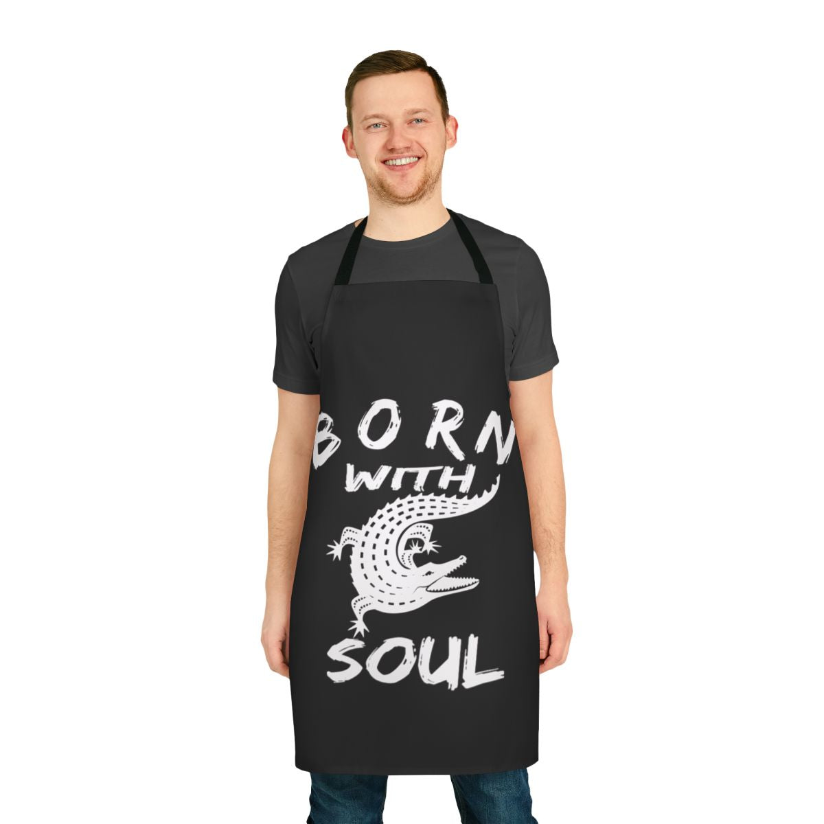 Apron featuring an alligator design for a unique cooking experience