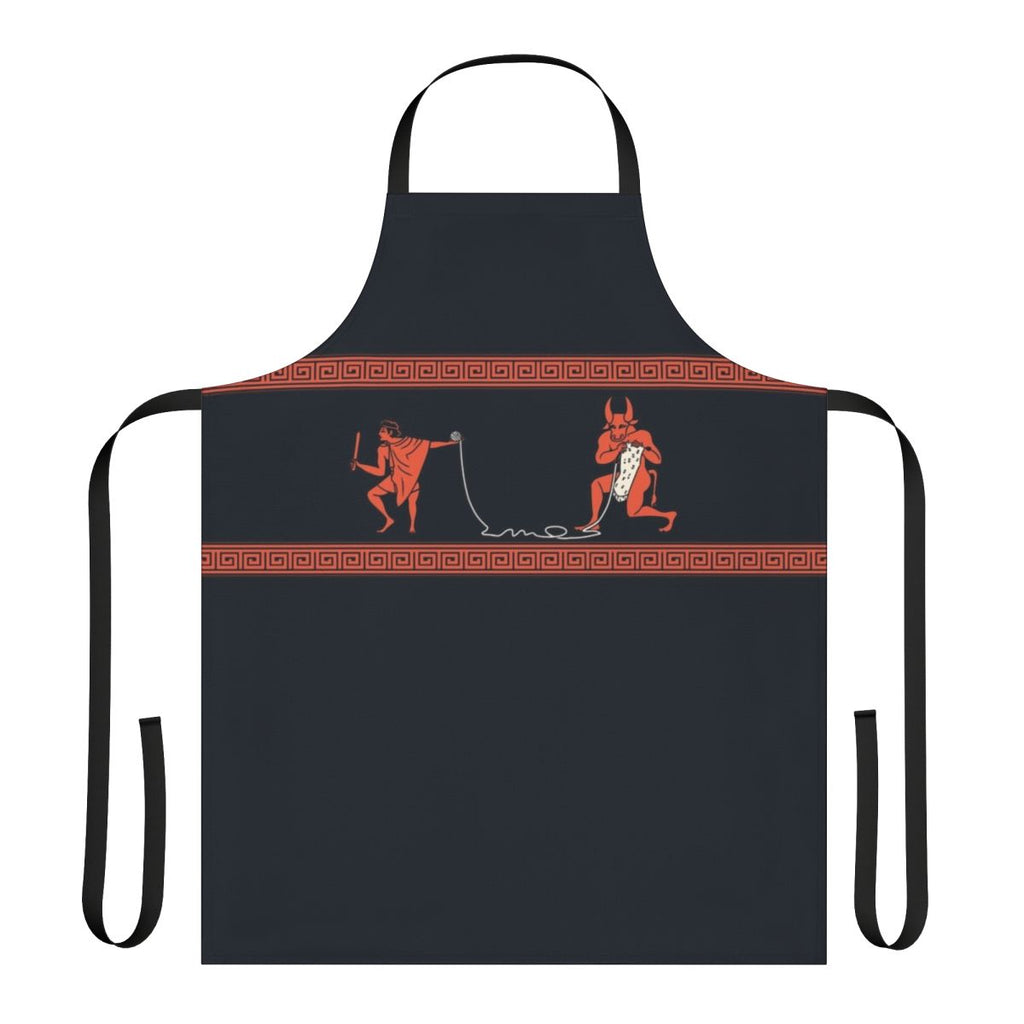 Handmade apron featuring a knitted minotaur design, inspired by Greek mythology