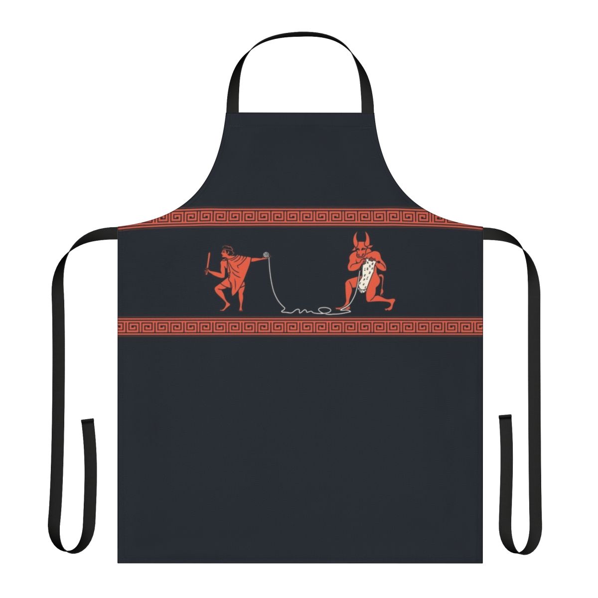 Handmade apron featuring a knitted minotaur design, inspired by Greek mythology