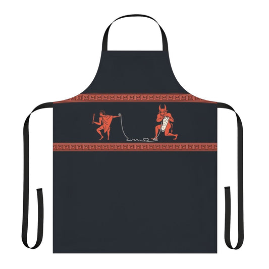 Handmade apron featuring a knitted minotaur design, inspired by Greek mythology