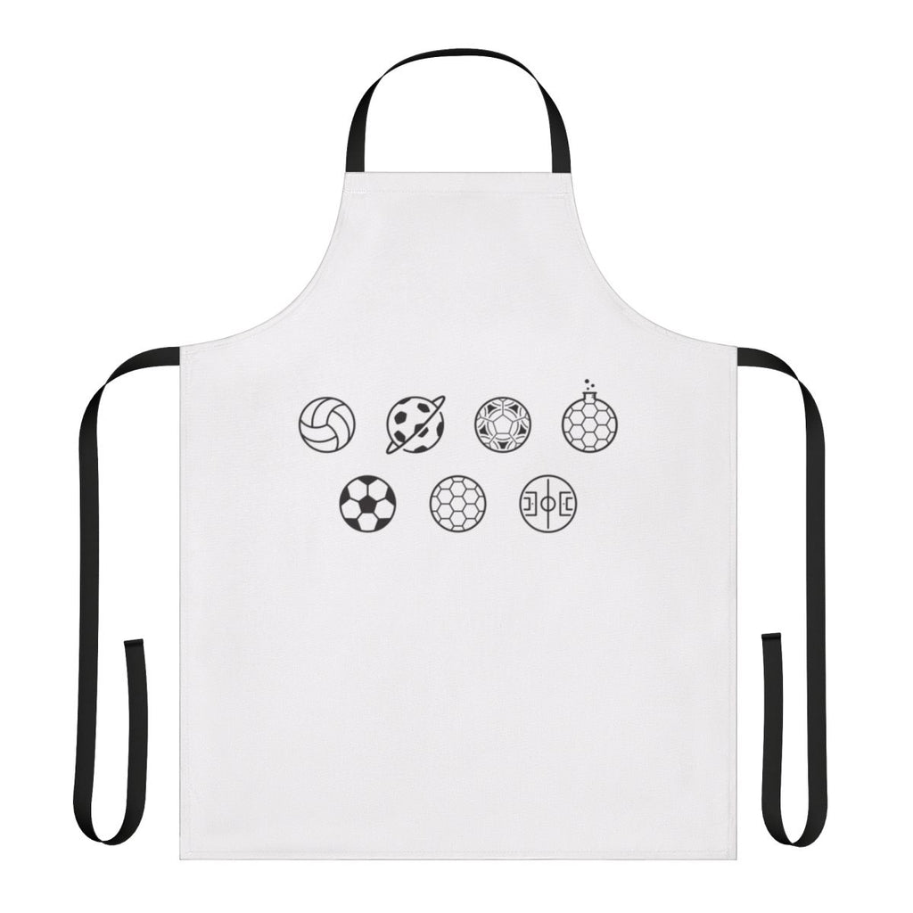 An apron featuring a creative and minimalist graphic design with soccer/football balls and a ring pattern.