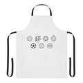 An apron featuring a creative and minimalist graphic design with soccer/football balls and a ring pattern.