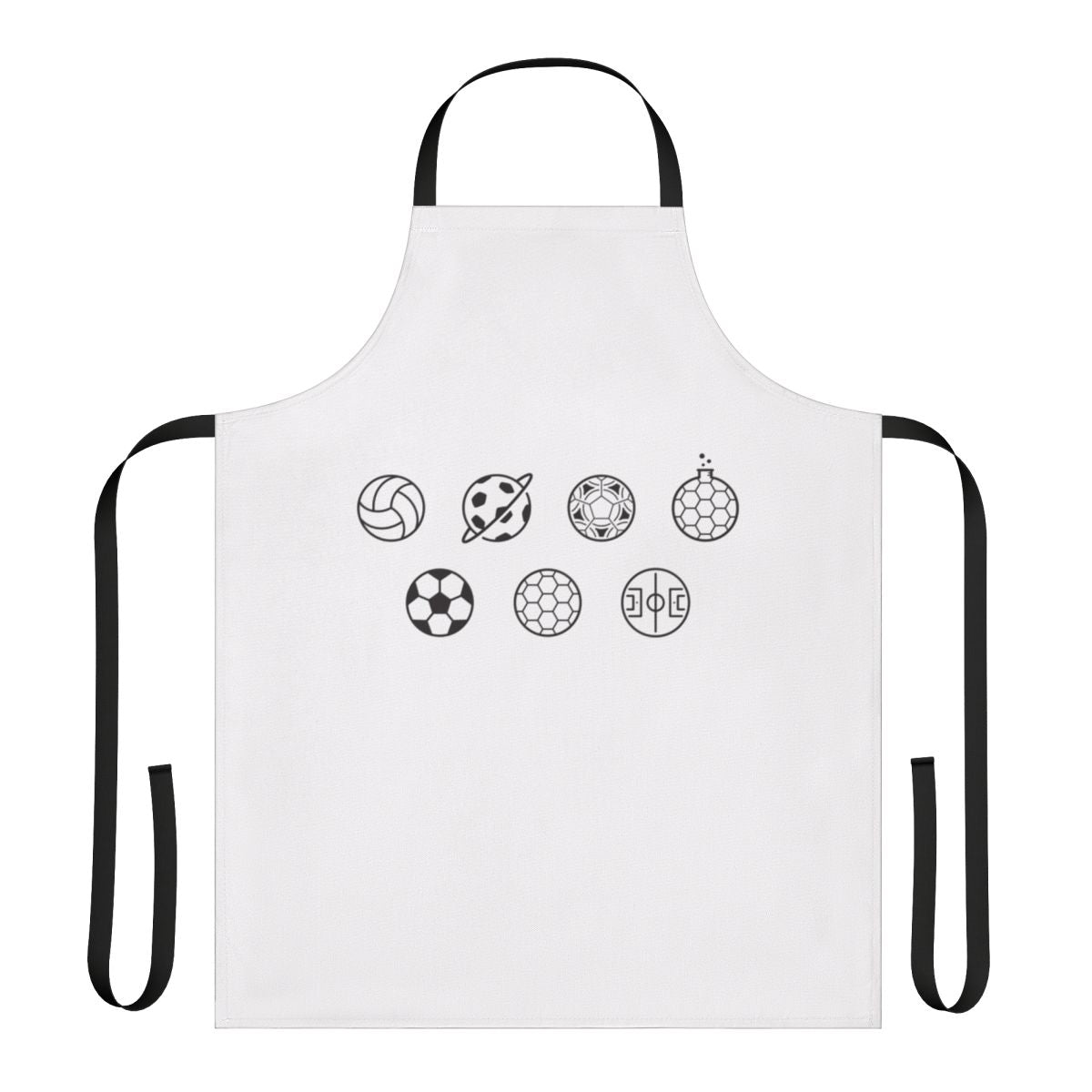An apron featuring a creative and minimalist graphic design with soccer/football balls and a ring pattern.