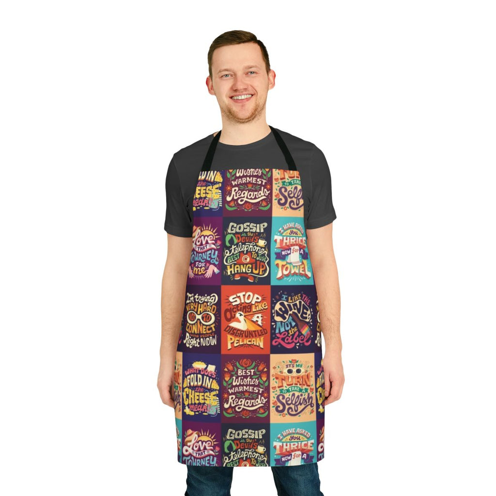 A collage-style apron featuring typography and word art inspired by the TV series Schitt's Creek.