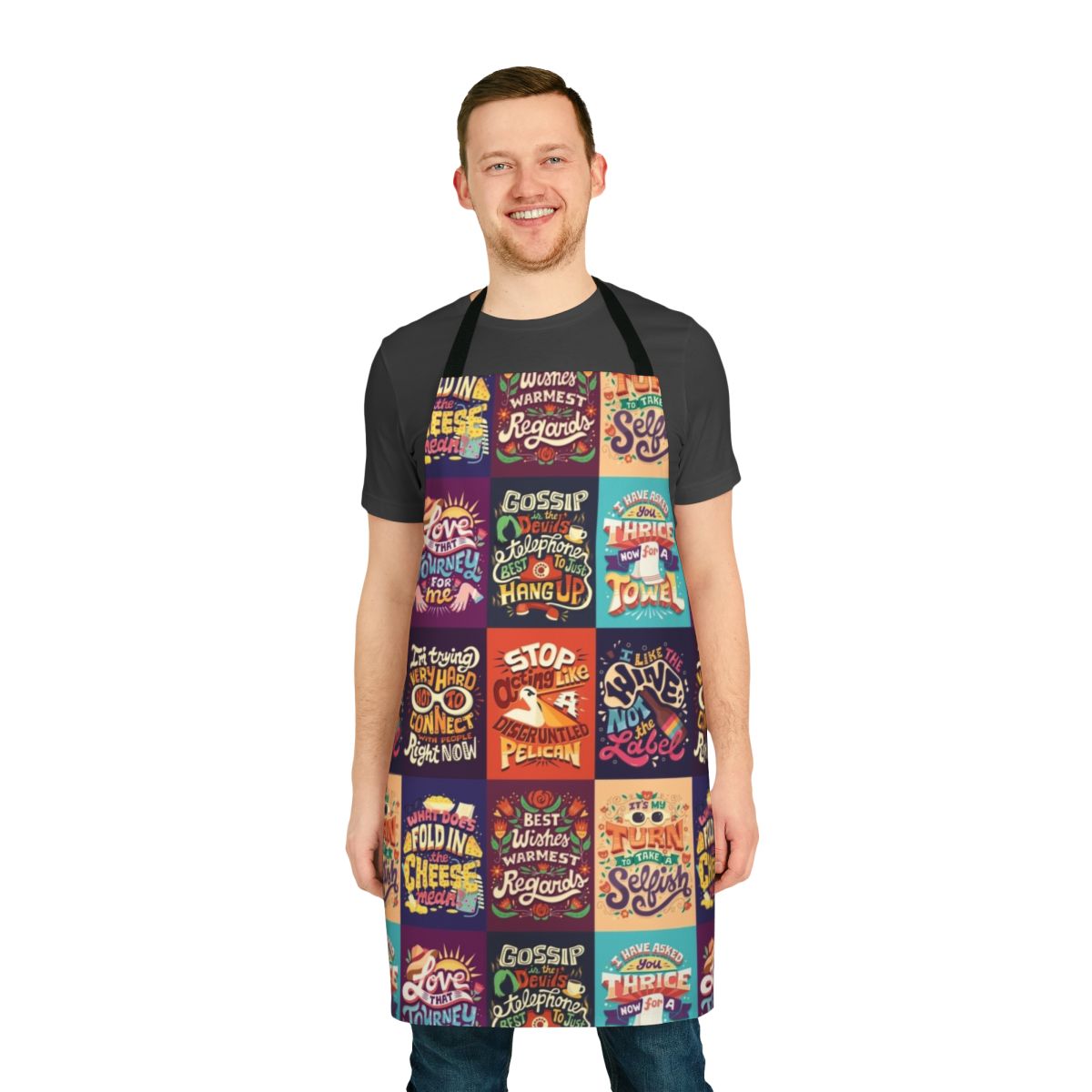 A collage-style apron featuring typography and word art inspired by the TV series Schitt's Creek.