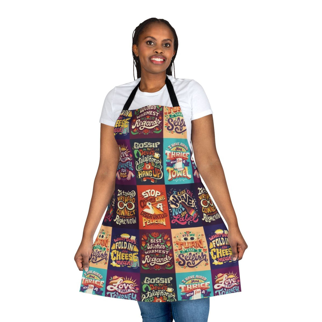 A collage-style apron featuring typography and word art inspired by the TV series Schitt's Creek.