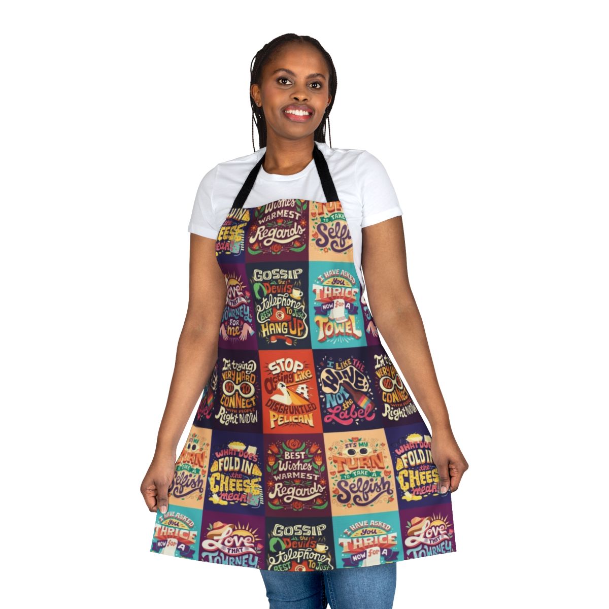 A collage-style apron featuring typography and word art inspired by the TV series Schitt's Creek.