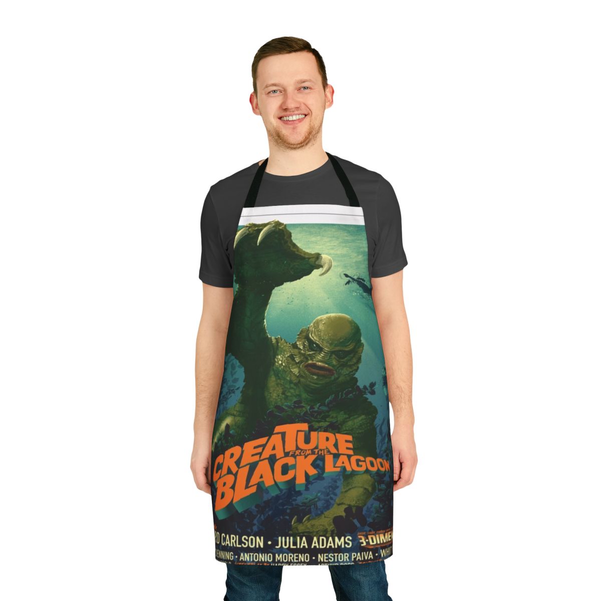 Creature from the Black Lagoon inspired modern kitchen apron with a horror movie monster design