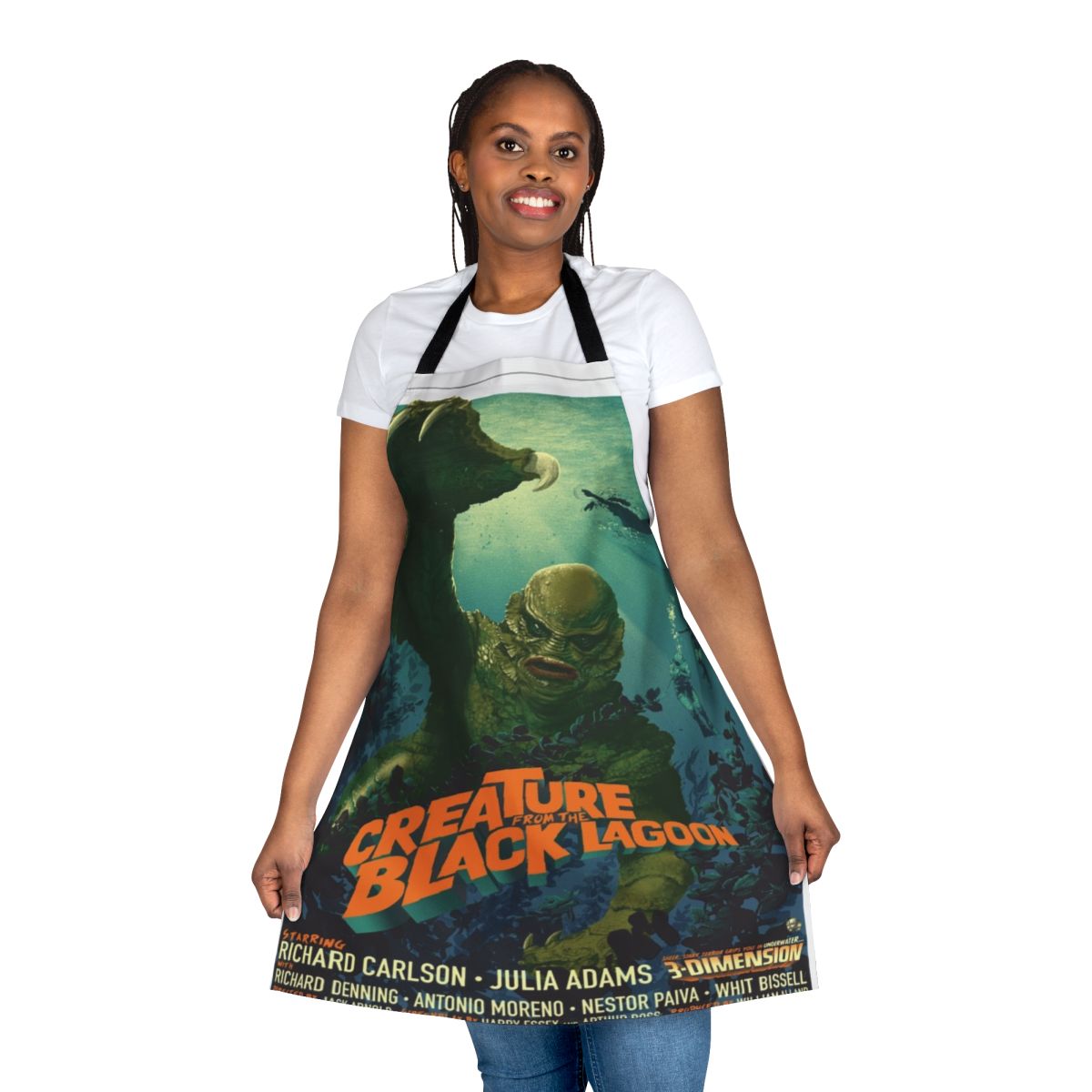 Creature from the Black Lagoon inspired modern kitchen apron with a horror movie monster design