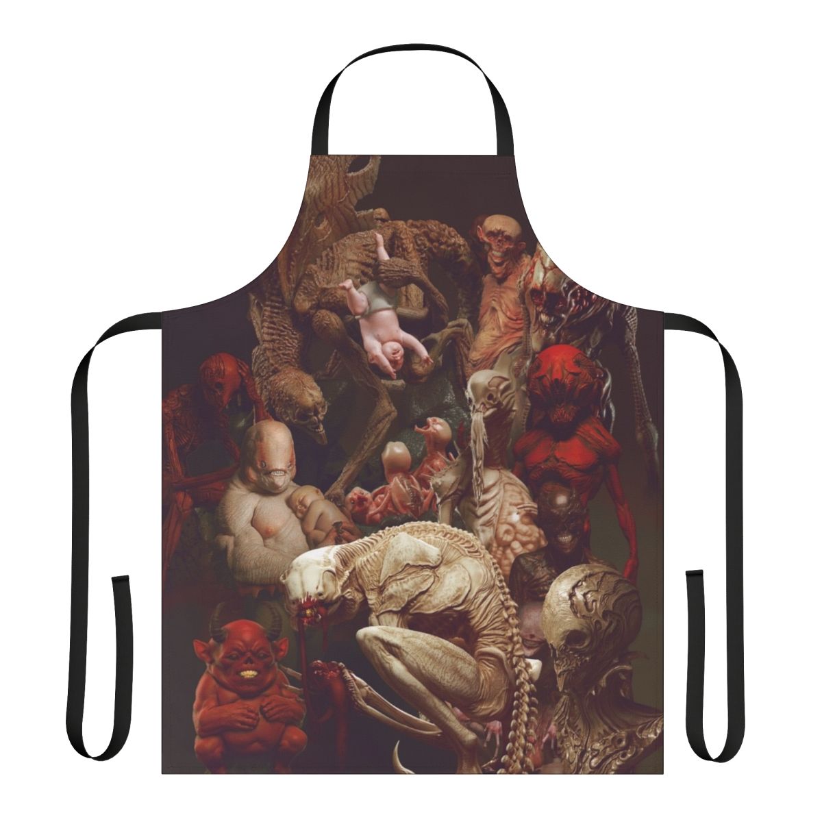 "Creatures-inspired party apron featuring horror-themed designs and characters"
