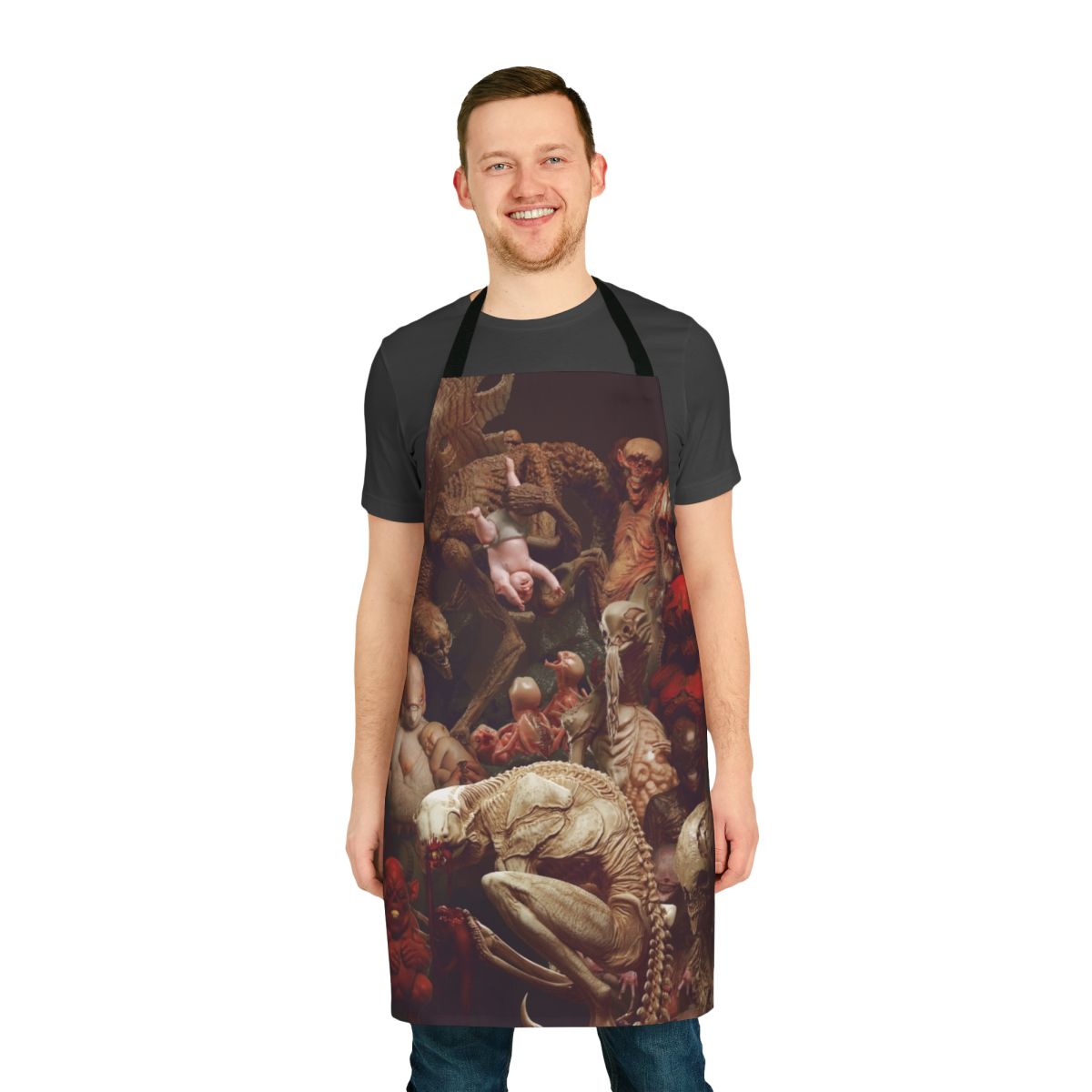 "Creatures-inspired party apron featuring horror-themed designs and characters"