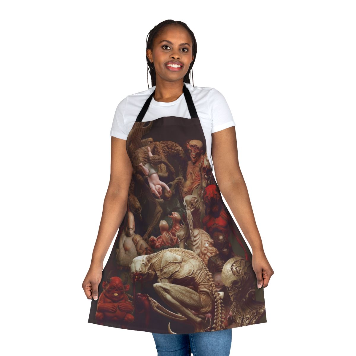 "Creatures-inspired party apron featuring horror-themed designs and characters"