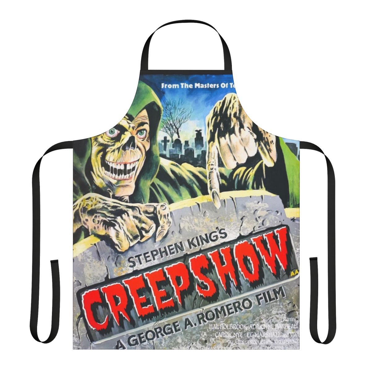 A dark and gory apron featuring imagery inspired by the "Creepshow" horror anthology series.