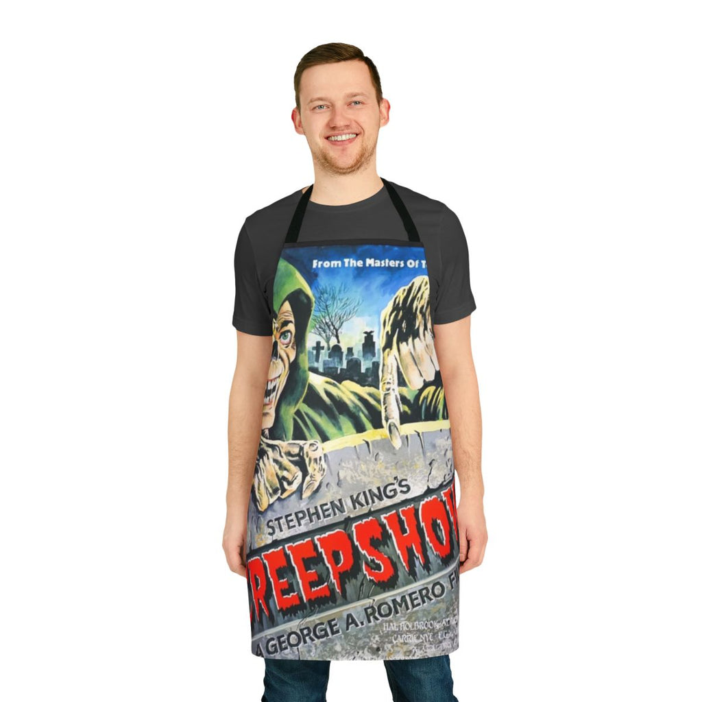 A dark and gory apron featuring imagery inspired by the "Creepshow" horror anthology series.
