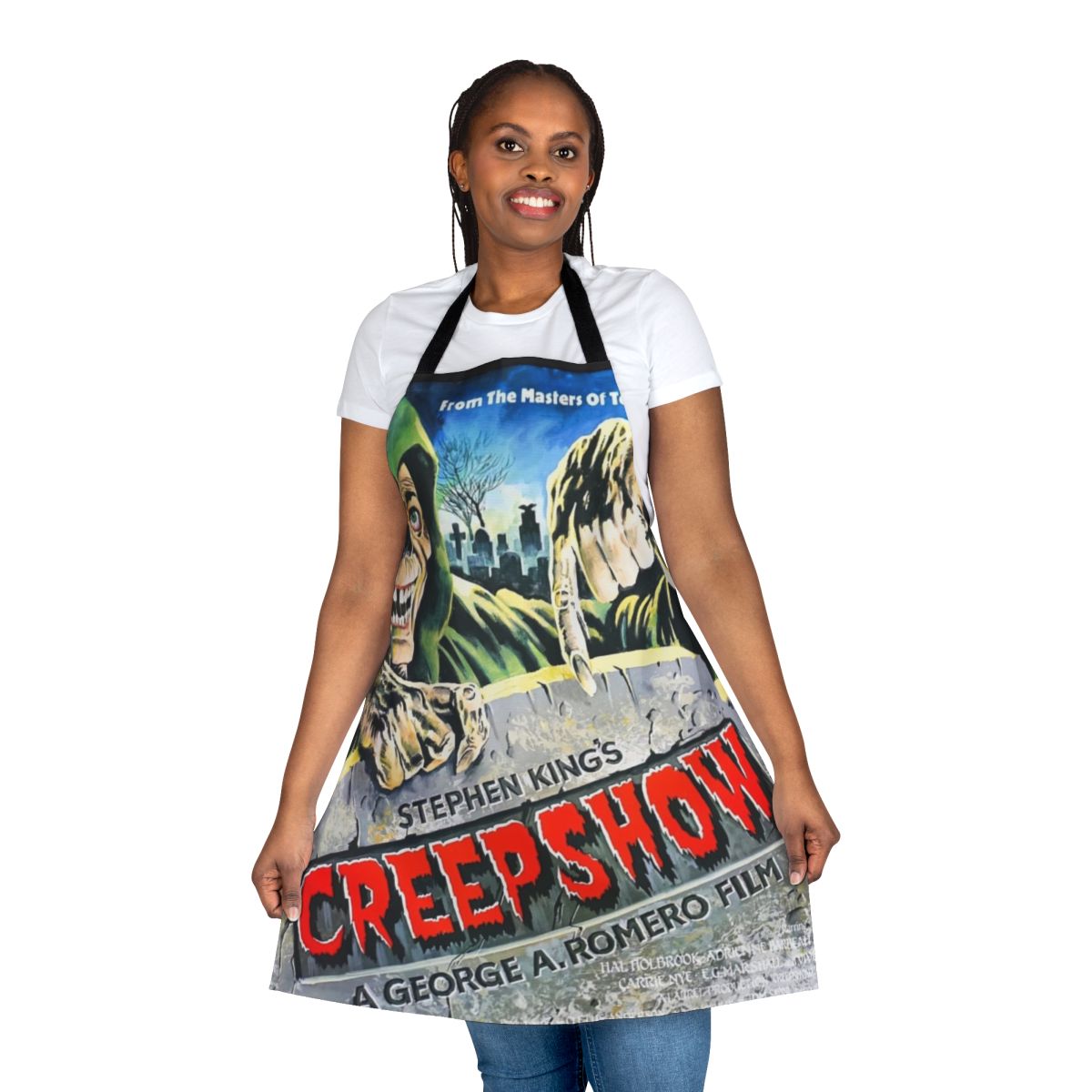 A dark and gory apron featuring imagery inspired by the "Creepshow" horror anthology series.