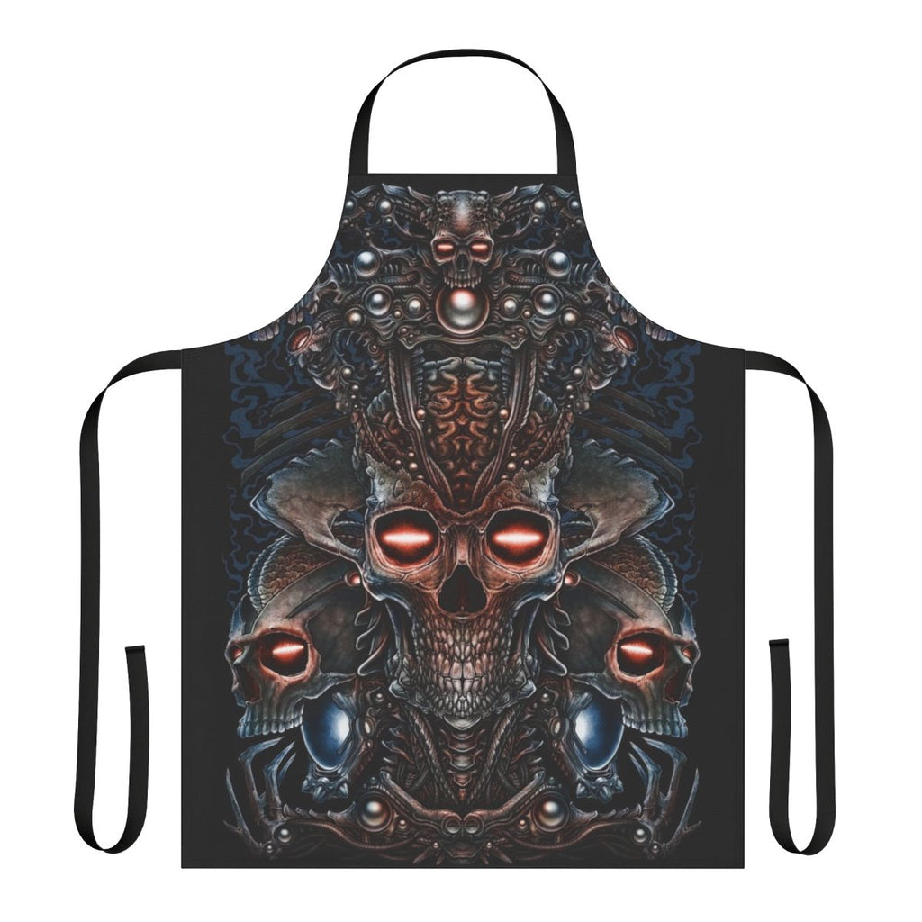 Apron with a dark and surreal design featuring a skeleton, alien skull, and other creepy elements.