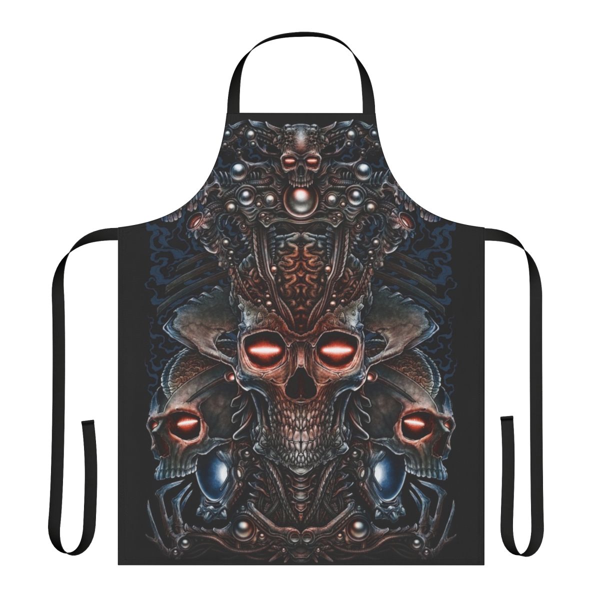 Apron with a dark and surreal design featuring a skeleton, alien skull, and other creepy elements.