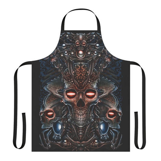 Apron with a dark and surreal design featuring a skeleton, alien skull, and other creepy elements.
