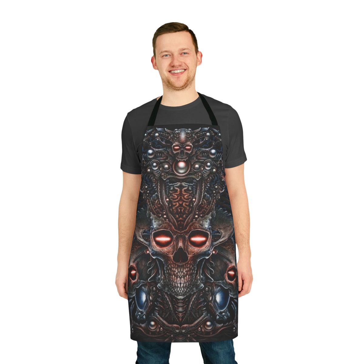 Apron with a dark and surreal design featuring a skeleton, alien skull, and other creepy elements.