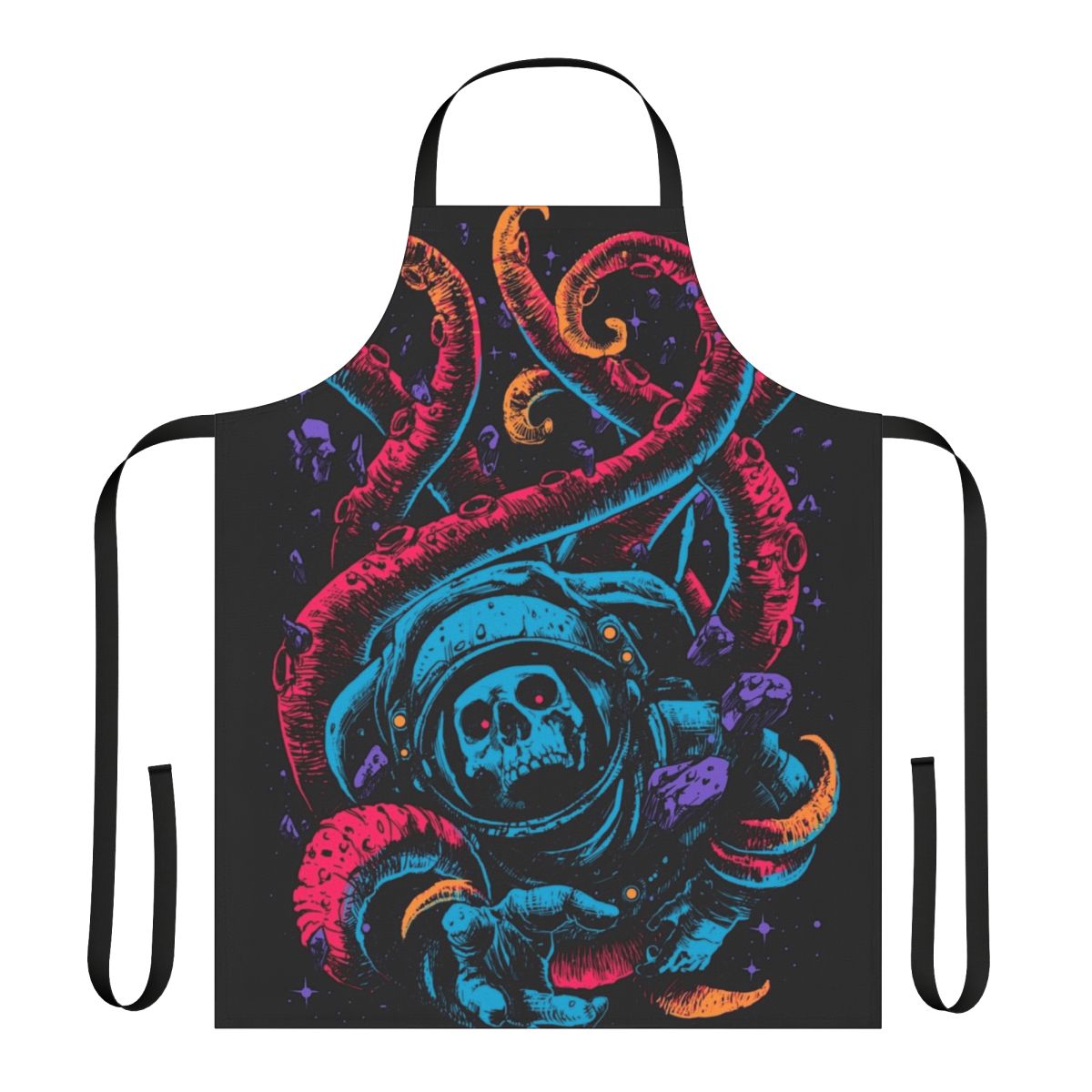 Creepy and surreal apron with various horror-themed elements and abstract patterns