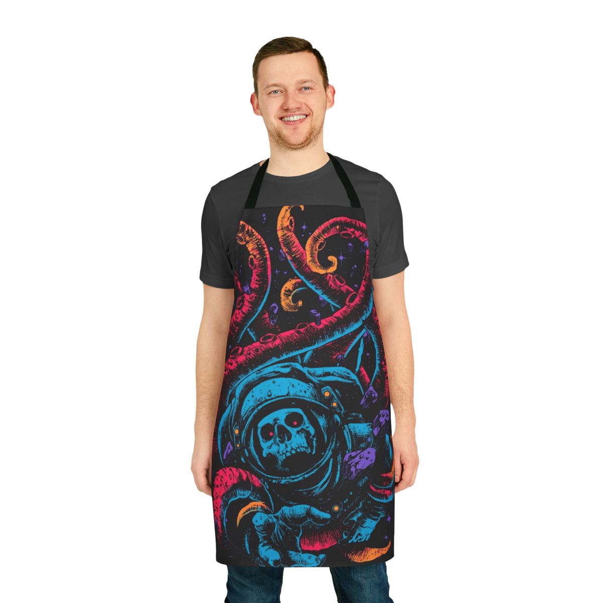 Creepy and surreal apron with various horror-themed elements and abstract patterns