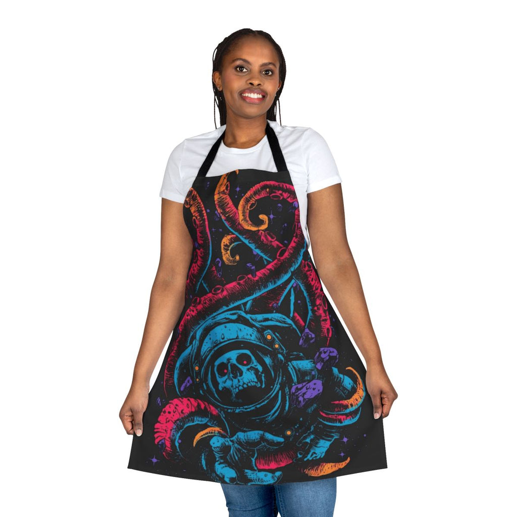 Creepy and surreal apron with various horror-themed elements and abstract patterns