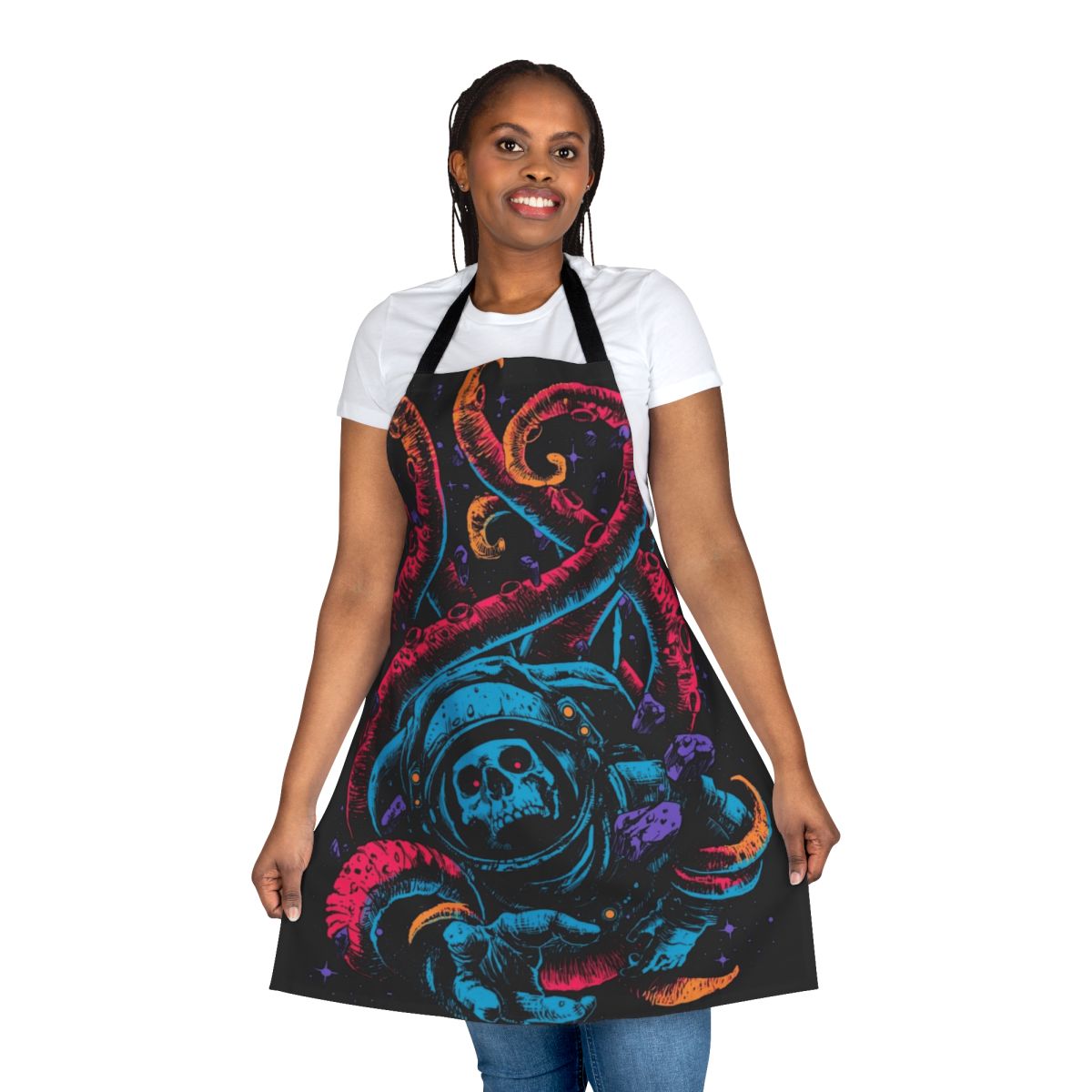 Creepy and surreal apron with various horror-themed elements and abstract patterns