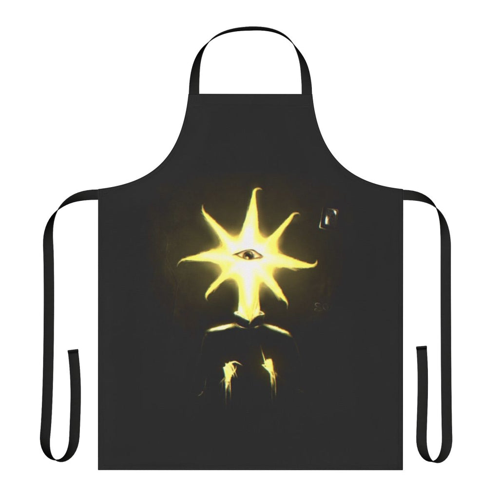 A creepy apron featuring unsettling cryptid character artwork