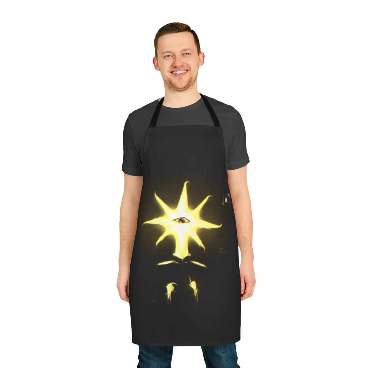 A creepy apron featuring unsettling cryptid character artwork