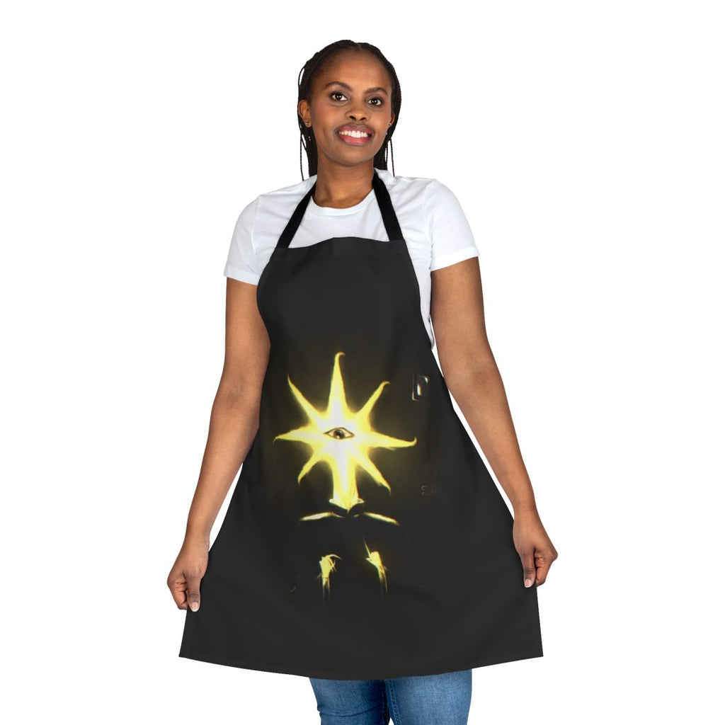 A creepy apron featuring unsettling cryptid character artwork