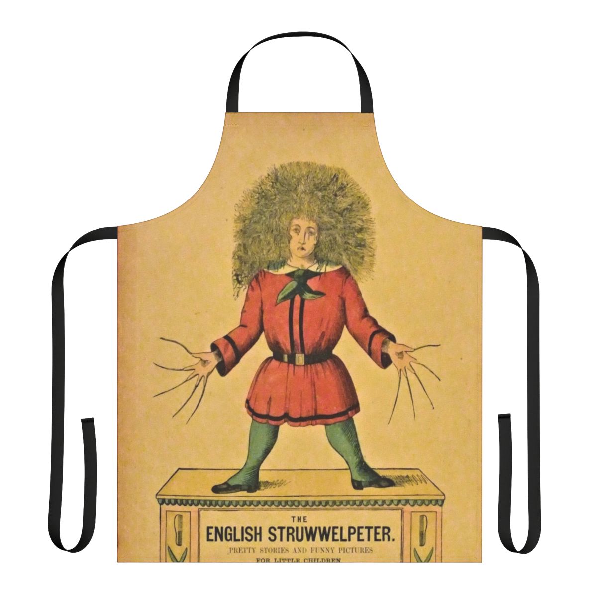An apron featuring unsettling illustrations from a creepy children's book anthology.