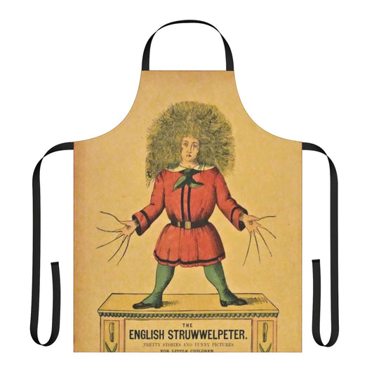 An apron featuring unsettling illustrations from a creepy children's book anthology.