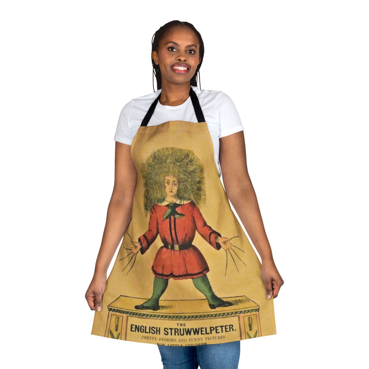 An apron featuring unsettling illustrations from a creepy children's book anthology.