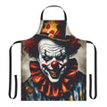 A frightening clown with a creepy face printed on a black apron, perfect for Halloween or horror-themed events.