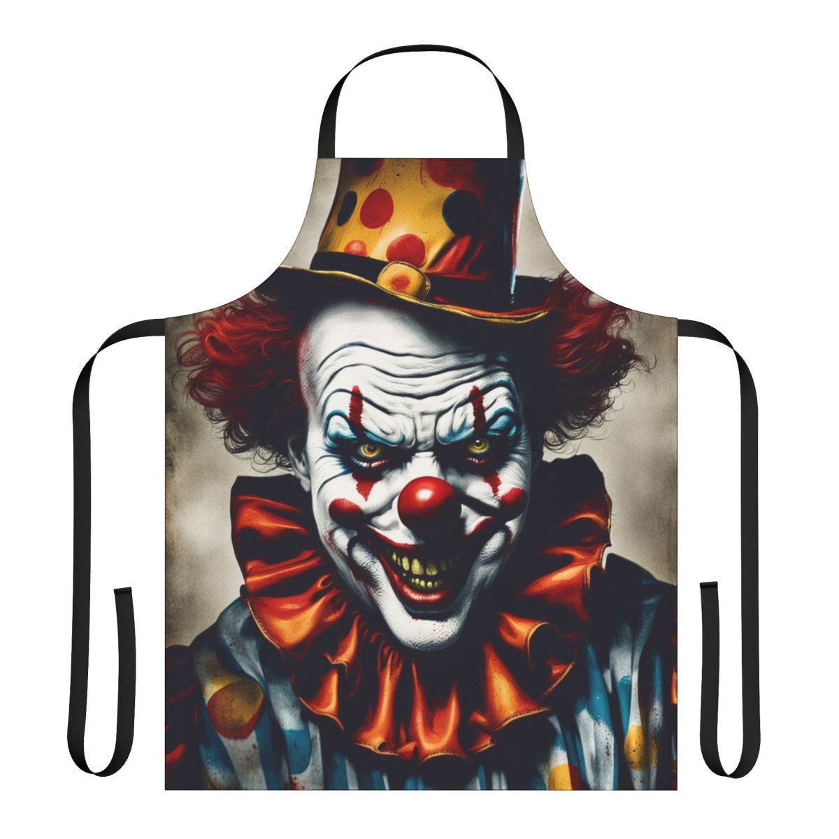 A frightening clown with a creepy face printed on a black apron, perfect for Halloween or horror-themed events.