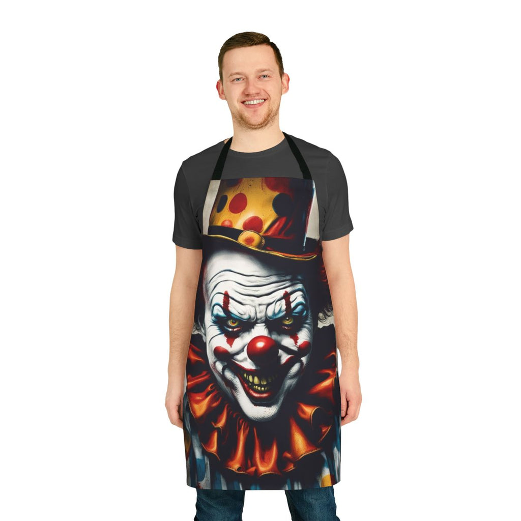 A frightening clown with a creepy face printed on a black apron, perfect for Halloween or horror-themed events.