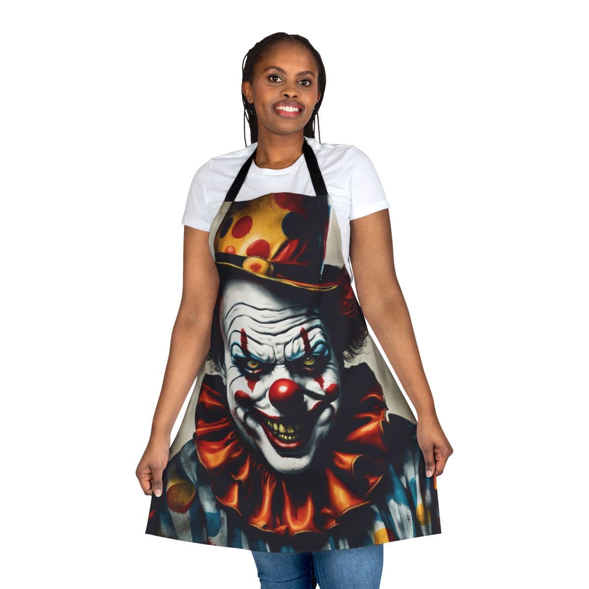 A frightening clown with a creepy face printed on a black apron, perfect for Halloween or horror-themed events.