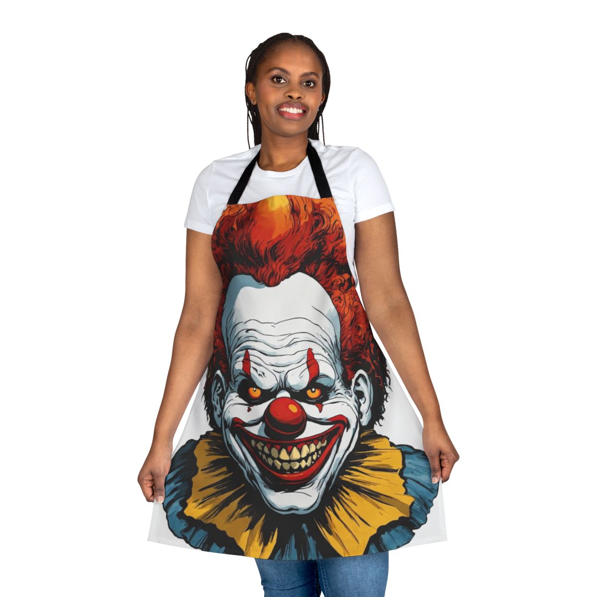 Vintage-style scary clown apron for horror and Halloween enthusiasts
