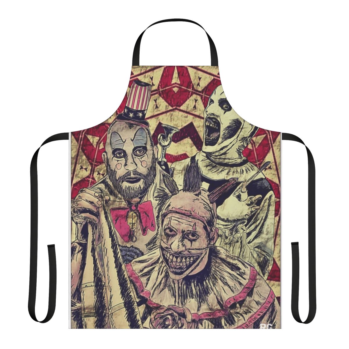 A terrifying clown-themed apron perfect for horror movie enthusiasts.
